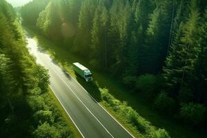 aereo Visualizza di un' camion su il strada nel il foresta. foto