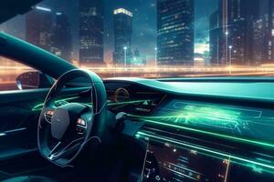 Visualizza di il dentro di un' moderno auto nel il notte. 3d interpretazione ai generato foto