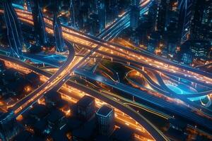 3d illustrazione di un' autostrada nel il città a notte con luci ai generativo foto