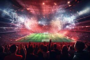 digitale calcio o calcio stadio a notte con folla di fan. 3d interpretazione ai generato foto