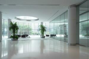 interno di moderno ufficio con bianca muri, piastrelle pavimento, panoramico finestre e luce del giorno. 3d interpretazione ai generativo foto