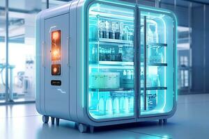 3d interpretazione di un' futuristico frigorifero nel un' ospedale con neon luci ai generativo foto