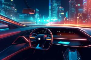 Visualizza di il dentro di un' moderno auto nel il notte. 3d interpretazione ai generato foto