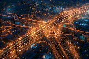 autostrada traffico nel il città a notte. 3d resa. ai generativo foto