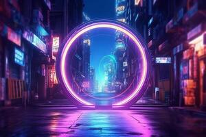 neon tunnel nel il città a notte. 3d resa. ai generato foto