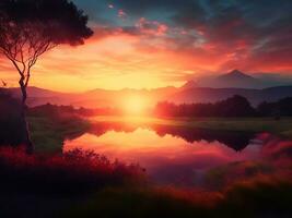 natura sfondo, foresta e sole a tramonto. ai Immagine generazione. foto