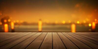 generativo ai, tropicale estate tramonto spiaggia bar sfondo. di legno tavolo superiore Prodotto Schermo vetrina vuoto palcoscenico. foto