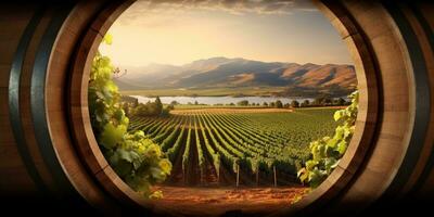 generativo ai, bellissimo vigneto con di legno botti, verde paesaggio. righe di viti su tramonto foto