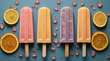 generativo ai, frutta ghiaccio crema o sorbetto su un' bastone, luminosa colore, estate umore, panoramico Visualizza foto