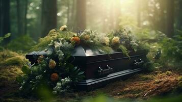 generativo ai, fiori su un' bara nel il funerale o sepoltura Servizi a cimitero, cofanetto con fiori foto