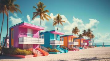 generativo ai, miami spiaggia capanne, estate vibrazioni retrò illustrazione. Vintage ▾ rosa e blu colori, edifici, California palme, anni 80 stile foto