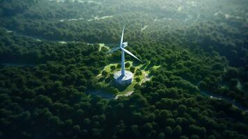 generativo ai, vento turbine nel un' campo, verde azienda agricola paesaggio. l'ambiente eco-friendly energia generazione. rinnovabile energia fonte. foto