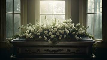 generativo ai, fiori su un' bara nel il funerale o sepoltura Servizi a cimitero, cofanetto con fiori foto