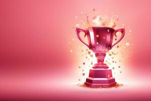 generativo ai, vincitore trofeo con fiamme, rosa d'oro campione tazza con caduta coriandoli su rosa sfondo foto