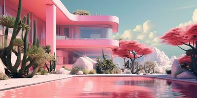 generativo ai, futuristico lusso rosa Casa circondato di lussureggiante verdura foto