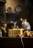 Due topi mangiare formaggio nel un' ristorante ai generato foto