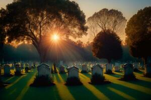 un' cimitero a tramonto con il sole splendente attraverso il alberi. ai generato foto