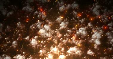 astratto arancia raggiante Fumo a partire dal fuoco di bivacco e volante luminosa scintille sfondo foto