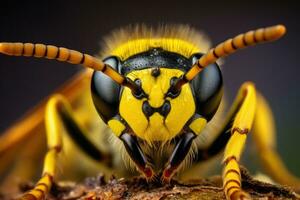 macro Immagine di un' vespa vespula volgare, avvicinamento di un' vespa vespula volgare, ai generato foto