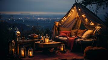 generativo ai, romantico campeggio con lanterna luci, cuscini, lenzuolo. città Visualizza nel il sera foto