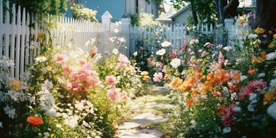 generativo ai, bellissimo estate privato giardino con molti fiori e impianti, natura paesaggio, inglese campagna Villetta stile foto