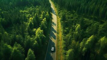 generativo ai, aereo Visualizza di strada fra verde foresta, verde paesaggio foto