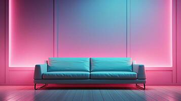 generativo ai, moderno neon minimalista interno, blu e rosa colori, divano, tavolo e impianti foto