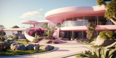 generativo ai, futuristico lusso rosa Casa circondato di lussureggiante verdura foto