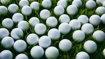 generativo ai, vicino su golf palle su verde erba, golf corso sfondo foto