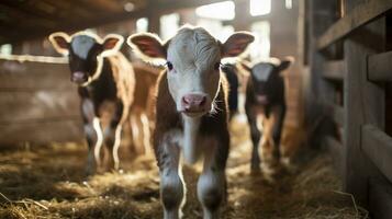 generativo ai, poco vitelli guardare a il telecamera su un' azienda agricola, bambino mucche foto