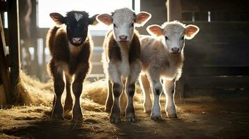 generativo ai, poco vitelli guardare a il telecamera su un' azienda agricola, bambino mucche foto