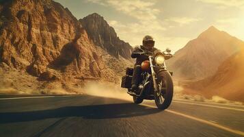 generativo ai, motociclo ciclista su strada cavalcare, tramonto cielo, avendo divertimento guida il vuoto autostrada su un' motociclo giro viaggio foto