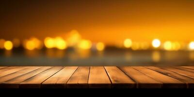 generativo ai, tropicale estate tramonto spiaggia bar sfondo. di legno tavolo superiore Prodotto Schermo vetrina vuoto palcoscenico. foto