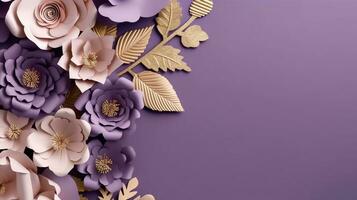 generativo ai, carta tagliare mestiere fiori e d'oro foglie, leggero viola, digitale lavanda colore, floreale origami strutturato sfondo, primavera umore. foto