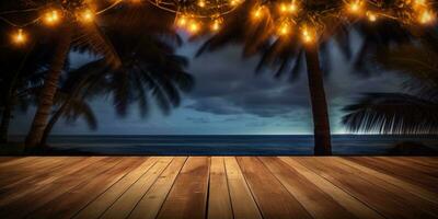 generativo ai, tropicale estate tramonto spiaggia bar sfondo. di legno tavolo superiore Prodotto Schermo vetrina vuoto palcoscenico. foto