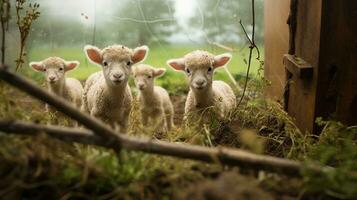 generativo ai, poco agnelli guardare a il telecamera su un' azienda agricola, bambino pecore foto