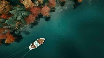 generativo ai, barca a il calma lago nel autunno con sereno acqua intorno a, autunno paesaggio foto