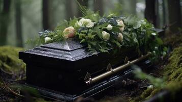 generativo ai, fiori su un' bara nel il funerale o sepoltura Servizi a cimitero, cofanetto con fiori foto