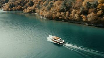 generativo ai, barca a il calma lago nel autunno con sereno acqua intorno a, autunno paesaggio foto