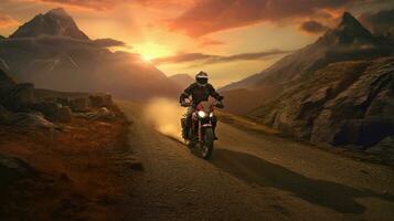 generativo ai, motociclo ciclista su strada cavalcare, tramonto cielo, avendo divertimento guida il vuoto autostrada su un' motociclo giro viaggio foto