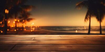 generativo ai, tropicale estate tramonto spiaggia bar sfondo. di legno tavolo superiore Prodotto Schermo vetrina vuoto palcoscenico. foto