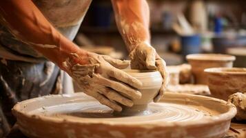 generativo ai, mani con argilla fabbricazione di un' ceramica pentola nel il ceramica studio, passatempo e tempo libero concetto foto