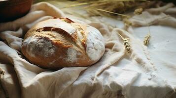 generativo ai, appena al forno pane o forno a il casa cucina, ecologicamente naturale pasticcini, biancheria tavolo indossare e Grano foto