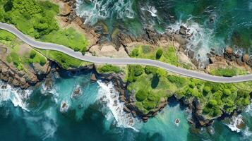 generativo ai, aereo Visualizza di curvo asfalto strada vicino il oceano o mare, costa foto