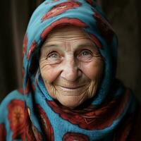 generativo ai, avvicinamento di anziano sorridente donna, felicità Guarda foto