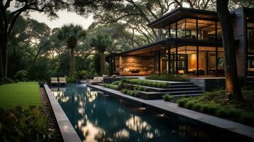 generativo ai, Visualizza di nuoto piscina nel davanti di un' moderno lusso Casa illuminato nel il sera foto