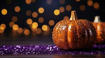 generativo ai, Halloween luccichio sfondo con zucca. arancia e viola colori, vacanza concetto con copia spazio foto
