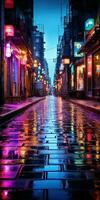generativo ai, notte scena di dopo pioggia città nel cyberpunk stile, futuristico nostalgico anni 80, anni 90. neon luci vivace colori, fotorealistico verticale illustrazione. foto