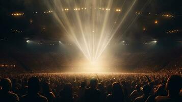 generativo ai, persone folla su musica roccia Festival concerto nel stadio, grande palcoscenico illuminato di faretti. foto