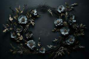 generativo ai, vicino su ghirlanda, fioritura aiuole di sorprendente nero fiori su buio lunatico floreale strutturato sfondo. foto